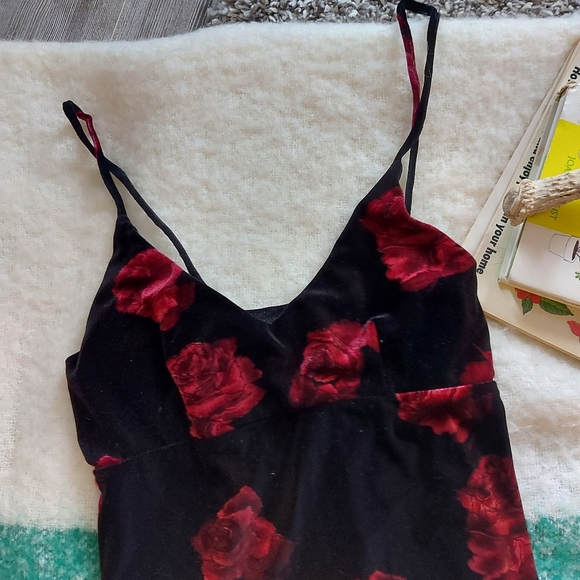 Vintage 90s velvet floral dress fringe asymmetrica - Picture 6 of 6